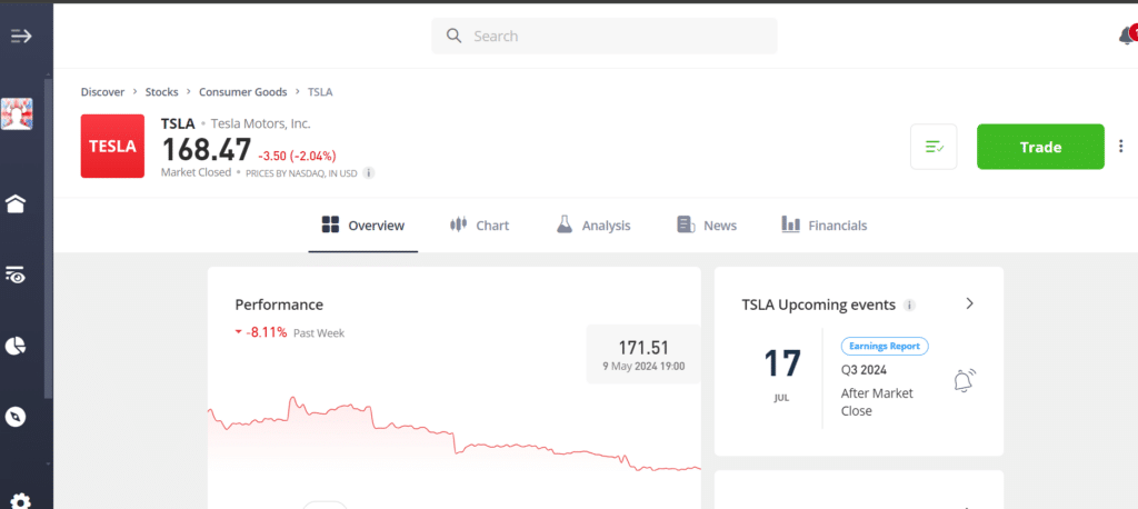 Search results for Tesla (TSLA) on eToro, highlighting stock selection interface for potential investors.