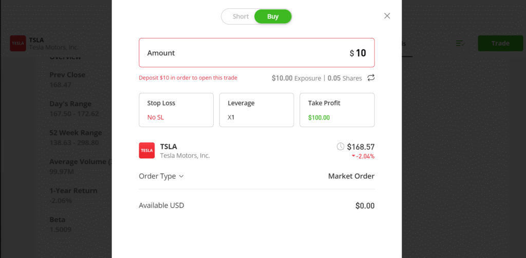 Buy interface on eToro for Tesla shares showcasing investment amount input, market order selection, and profit settings.