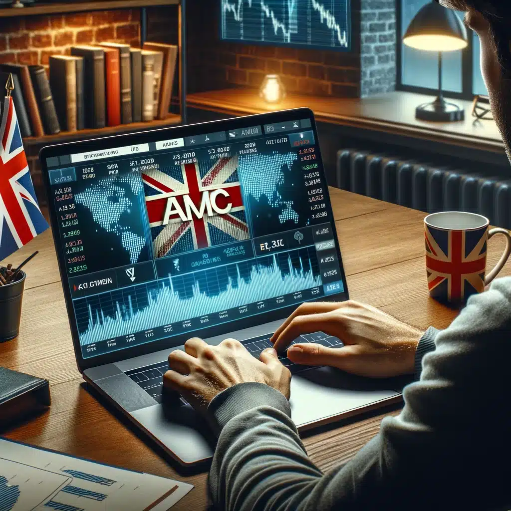 A person in the UK at a desk in a modern home office, using a laptop to buy AMC Entertainment shares online, with British elements like a UK flag and financial icons in the background, creating a professional atmosphere.