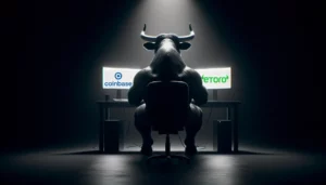 Silhouette of a bull sitting at a desk, symbolizing bullish market trends, between illuminated logos of Coinbase and eToro on computer screens in a dark room.
