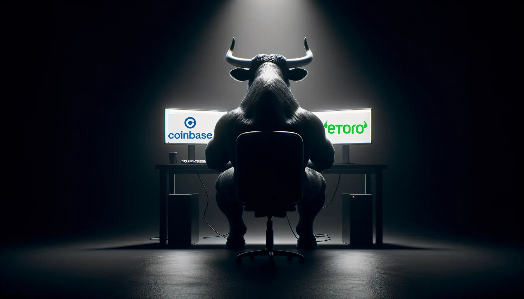 Silhouette of a bull sitting at a desk, symbolizing bullish market trends, between illuminated logos of Coinbase and eToro on computer screens in a dark room.