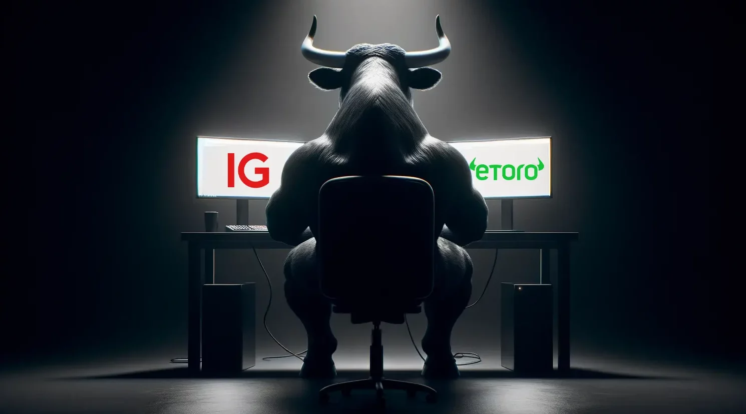 Dramatic image of a bull seated at a desk between two monitors displaying 'IG' and 'eToro' logos, illustrating the competition between eToro vs IG in trading platforms.