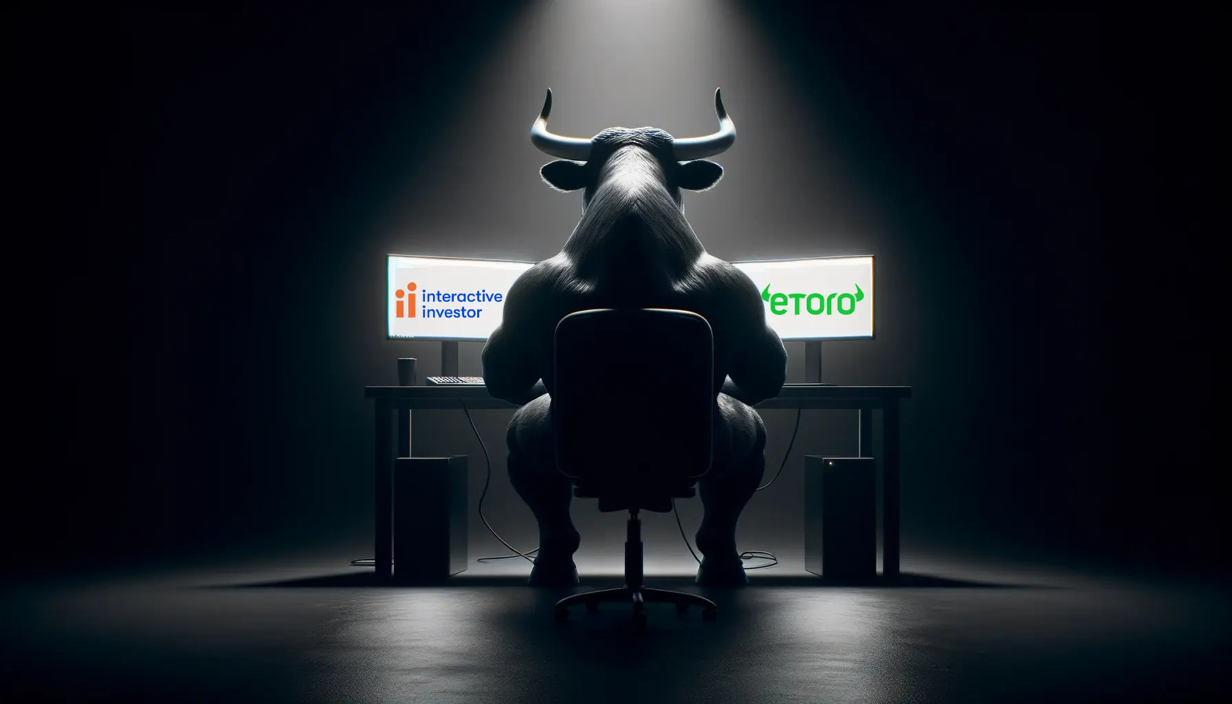 image of a bull comparing etoro and interactive investor on two monitors