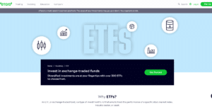 eToro ETFs page displaying the diverse investment options available, featuring icons for statistics, currency, oil, and industry, encouraging users to 'Get Started' with over 300 ETFs.