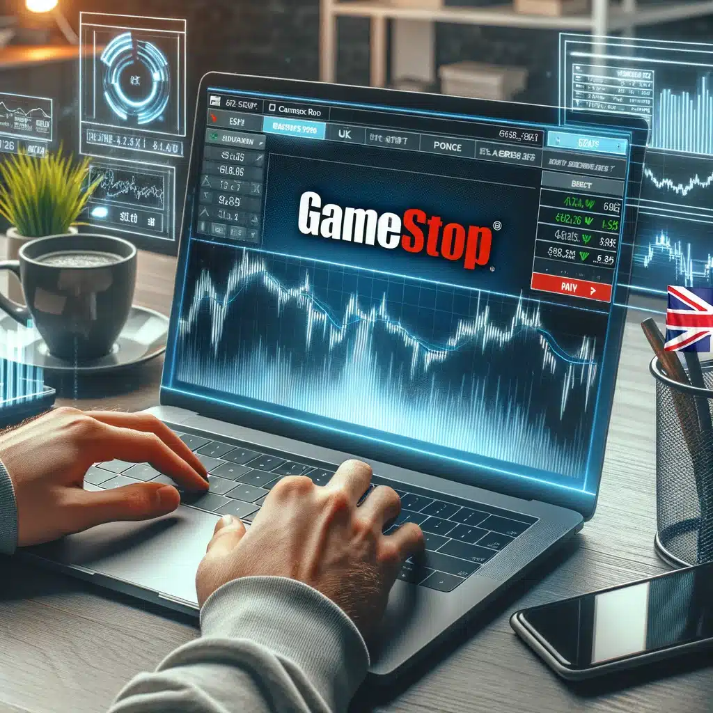 A person in the UK using a laptop to buy GameStop shares online, with a British flag and financial icons in the background, set in a modern home office.
