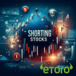 Digital graphic showcasing stock market trends with the text "Shorting Stocks" and eToro logo at the bottom right.