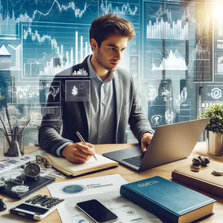 Young investor surrounded by essential investment tools in a bright, modern workspace, actively engaging in financial learning.