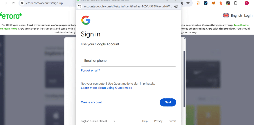 eToro account sign-up page displaying registration form, ideal for new users setting up their trading profile to buy Tesla shares.