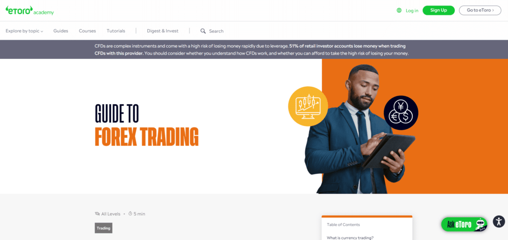 Professional African American businessman using tablet on eToro Academy website, learning about Forex trading with 'Guide to Forex Trading' headline and educational icons on vibrant orange background.