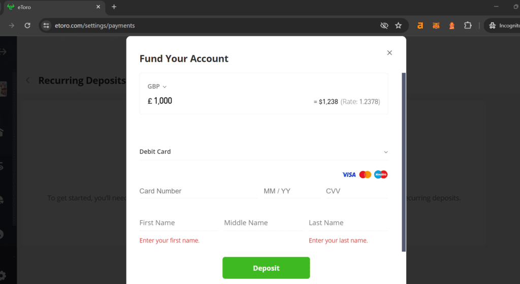 Funding options on eToro platform showing debit card and bank transfer methods to deposit money for purchasing Tesla shares.