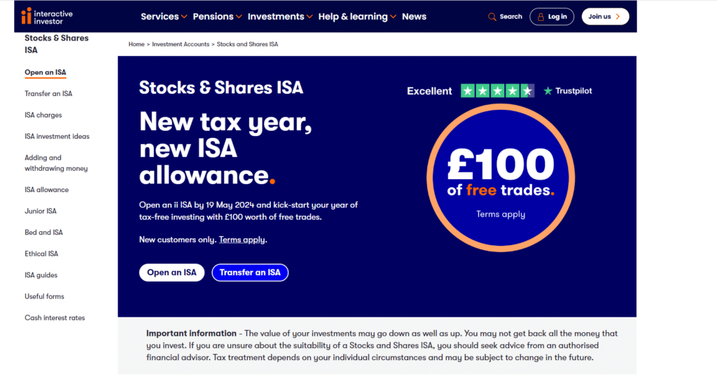 Interactive Investor Stocks & Shares ISA promotion page showing a new tax year offer of £100 worth of free trades, prominently featuring Trustpilot rating and sign-up incentives.