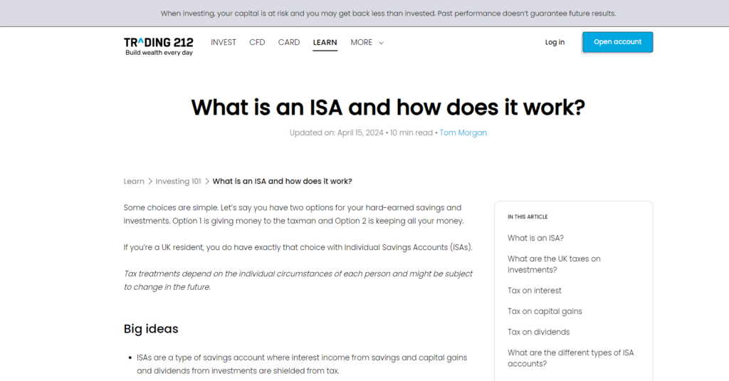 Screenshot of Trading 212's 'What is an ISA and how does it work?' article highlighting features of ISAs with a clear, educational layout, updated April 15, 2024.