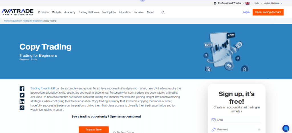 AvaTrade copy trading platform tutorial and registration page for beginners