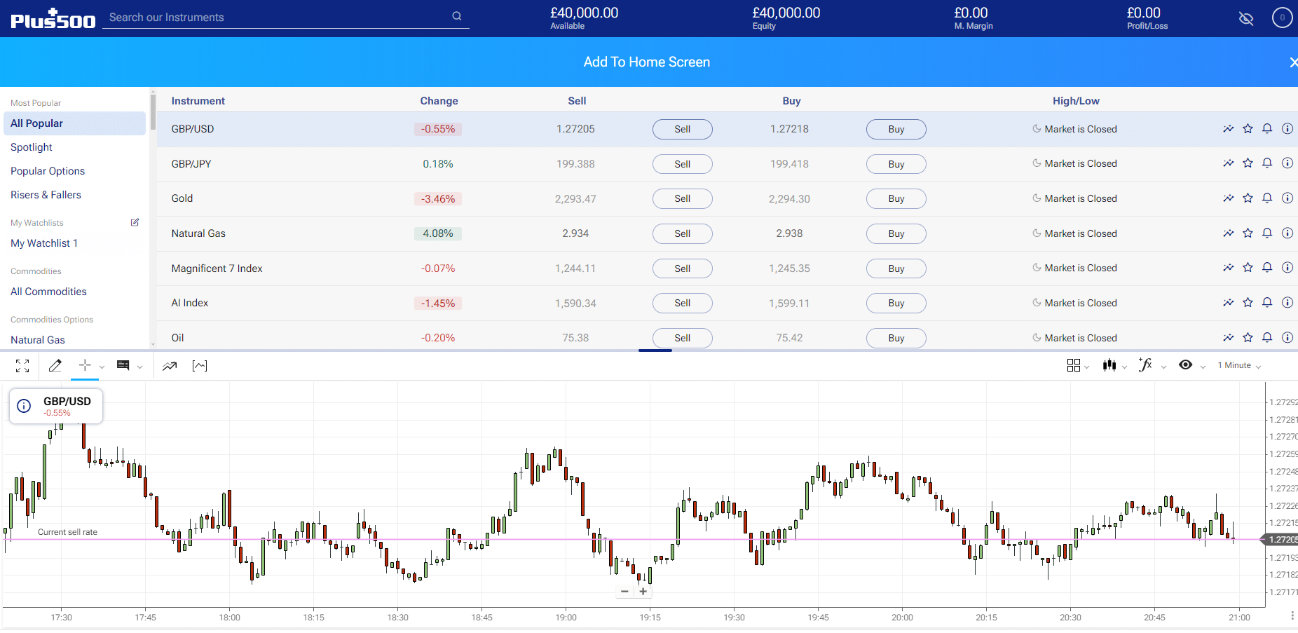 Plus500 demo account interface for practising CFD trading with virtual funds