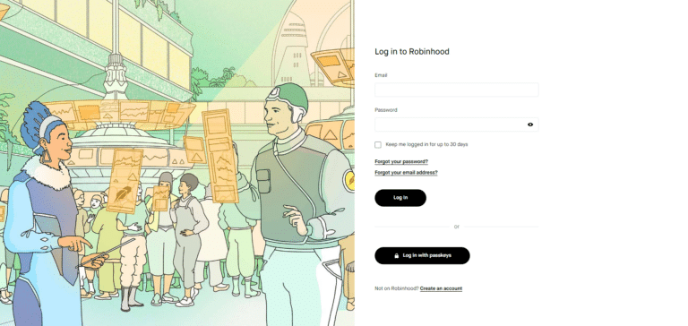 Robinhood login page with a colorful, futuristic cityscape illustration, highlighting the platform's modern and user-friendly design for secure user access.