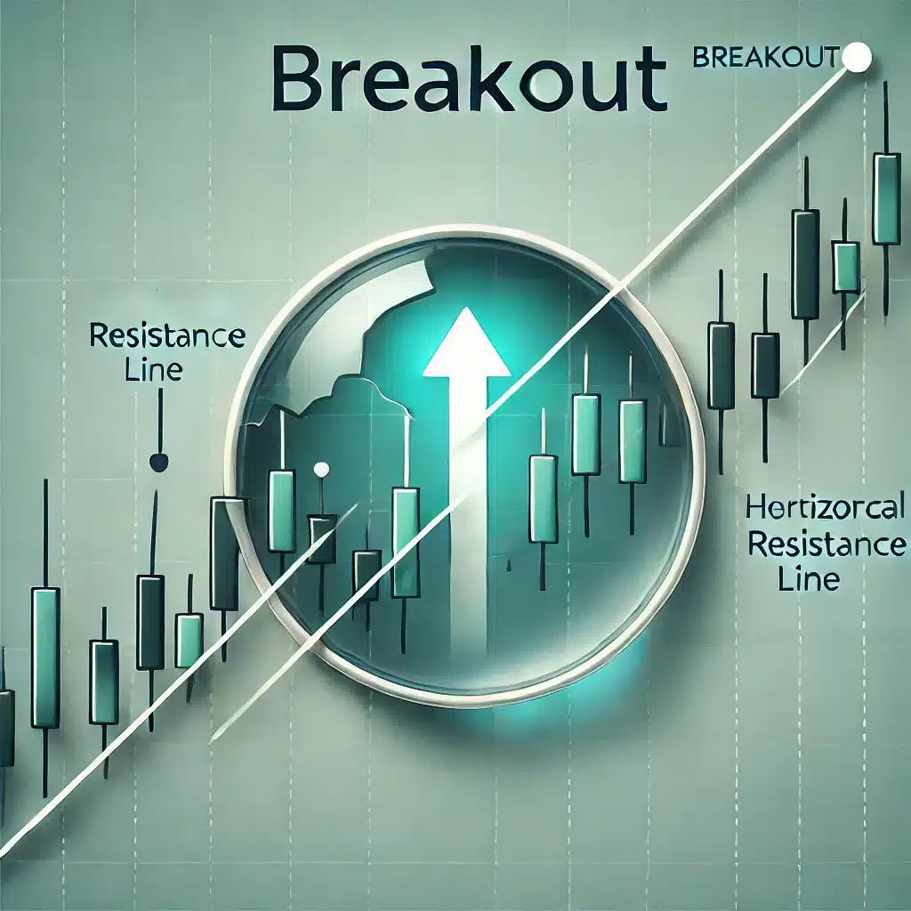 A stock chart with a price breaking through a horizontal resistance line. The breakout point is highlighted with an arrow and a "Breakout" label. The candlestick breaking through is larger, signifying a strong move.