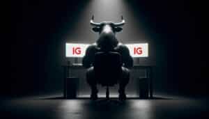 Investors Centre Bull reviewing IG on two computer screens
