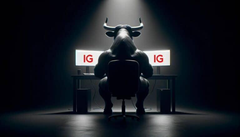 Investors Centre Bull reviewing IG on two computer screens
