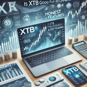 Laptop and smartphone displaying trading charts and financial data, with 'XTB' clearly visible on the screen, set against a modern background featuring financial elements like graphs and candlestick charts. Bold text reads 'XTB Trading Platform: Honest Review & Features,' in a professional color scheme of blue, green, and white.
