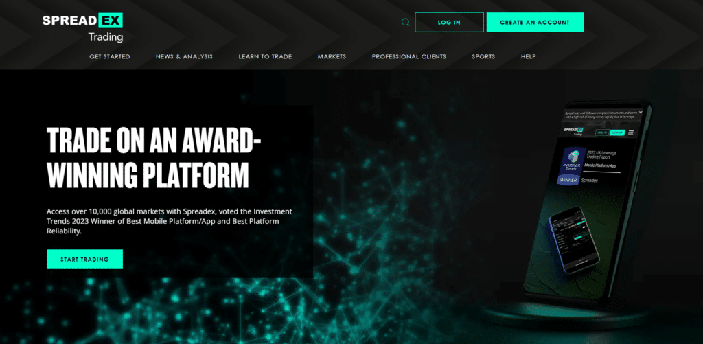 SpreadEX Trading Home screen page