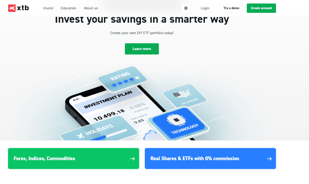 XTB investing platform Home Screen