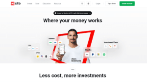 XTB trading platform homepage featuring Zlatan Ibrahimović, showcasing investment options such as stocks, ETFs, CFDs, ISAs, and interest accounts with 0% commission offer.