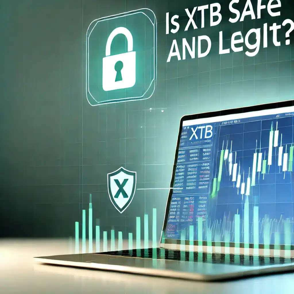 Professional image of a laptop displaying the XTB trading platform with charts, surrounded by secure elements like a lock icon or shield symbol, against a sleek background with financial-themed elements like graphs and candlestick patterns. Bold text reads 'Is XTB Safe and Legit?' in a professional blue, green, and white color scheme.