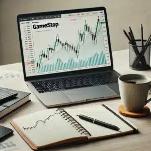 A professional and subdued featured image for a blog about shorting GameStop shares in the UK. The image shows a calm workspace with a laptop displayi