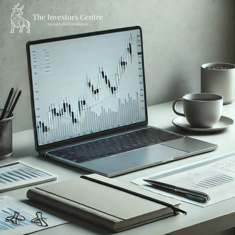 A professional day trading desk setup featuring a laptop with candlestick charts, a notebook, pen, and coffee cup in a modern office.