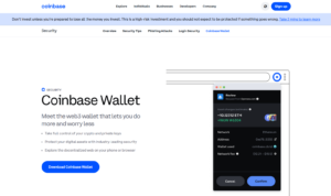 Coinbase Wallet page showcasing its Web3 wallet features, including private key control, asset security, and decentralized web access for users.