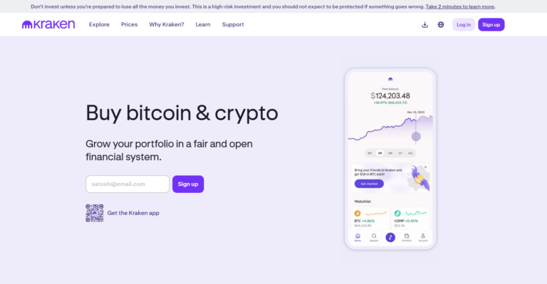 Kraken homepage promoting Bitcoin and cryptocurrency trading with portfolio insights, showcasing a clean design and UK-friendly registration process.