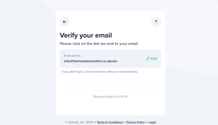 Uphold email verification screen instructing users to confirm their email address for account activation, with options to resend or edit email details.