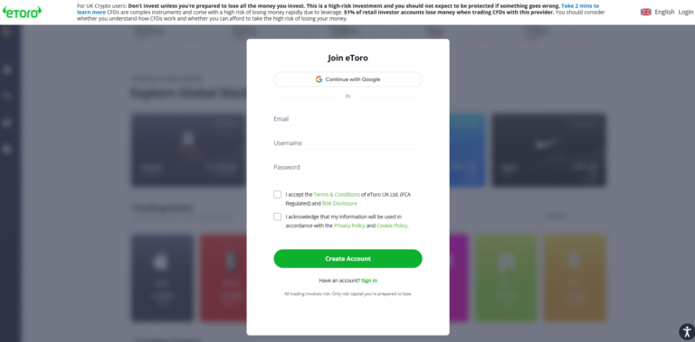 eToro registration form with fields for email, username, and password, highlighting terms and conditions for creating a trading account in the UK.