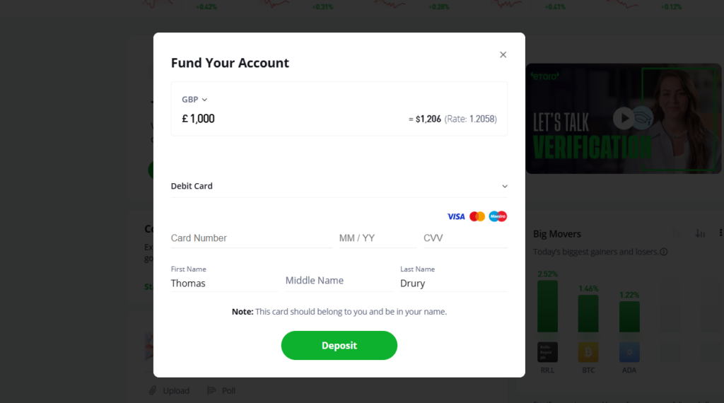 eToro funding page showing GBP deposit options via debit card, with fields for card details and an example deposit of £1,000.