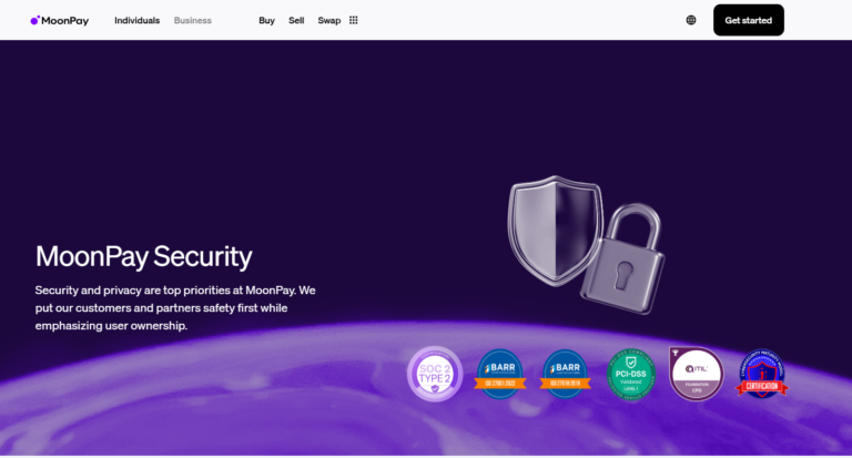 MoonPay security page highlighting encryption, fraud protection, and compliance certifications for safe transactions.