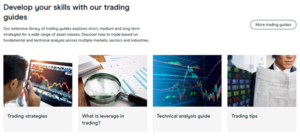 CMC Markets trading guides section featuring educational resources on trading strategies, leverage, technical analysis, and trading tips. Learn how to trade different asset classes using fundamental and technical analysis for better market insights and decision-making.