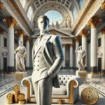 Digital neoclassical-style painting depicting a wealthy aristocratic figure in a tailored suit, posed like a Greek statue, with grand marble columns and golden light symbolizing financial power and elite status in the UK.