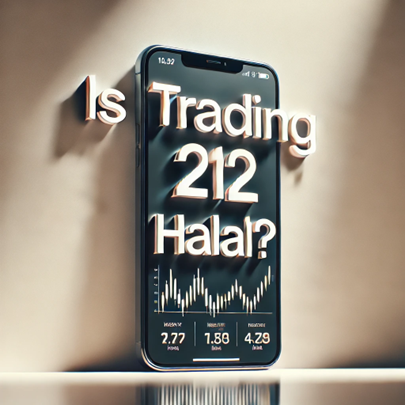 Smartphone displaying the Trading 212 app with the question 'Is Trading 212 Halal?' in bold text, set against a clean, professional, and minimalistic desk setup—optimised for finance and investment-related content.