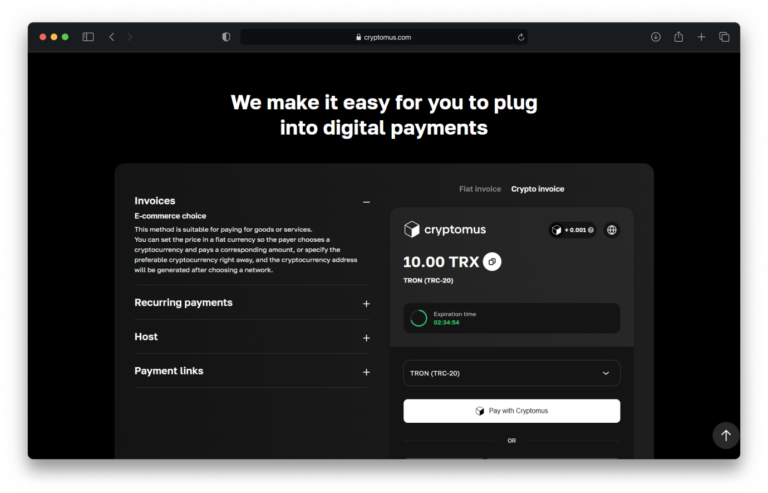 Cryptomus digital payment interface displaying a crypto invoice for 10 TRX with options for recurring payments, payment links, and TRON network selection