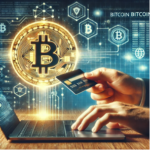 Illustration of a person buying Bitcoin with a credit card online. A glowing Bitcoin logo appears on a laptop screen, with a hand holding a credit card, set against a futuristic financial background featuring blockchain elements. Represents secure, fast, and modern cryptocurrency transactions.