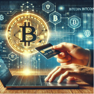 Illustration of a person buying Bitcoin with a credit card online. A glowing Bitcoin logo appears on a laptop screen, with a hand holding a credit card, set against a futuristic financial background featuring blockchain elements. Represents secure, fast, and modern cryptocurrency transactions.