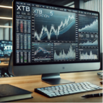 XTB xStation 5 trading platform displayed on a desktop PC, featuring real-time market data, multiple trading charts, and technical indicators in a professional trading setup.