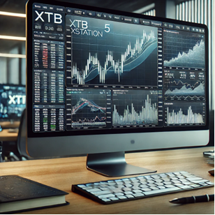 XTB xStation 5 trading platform displayed on a desktop PC, featuring real-time market data, multiple trading charts, and technical indicators in a professional trading setup.