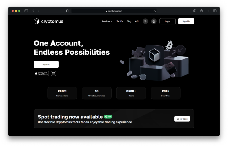 Cryptomus homepage highlighting digital payment platform with sign-up options, supported cryptocurrencies, user stats, and new spot trading feature