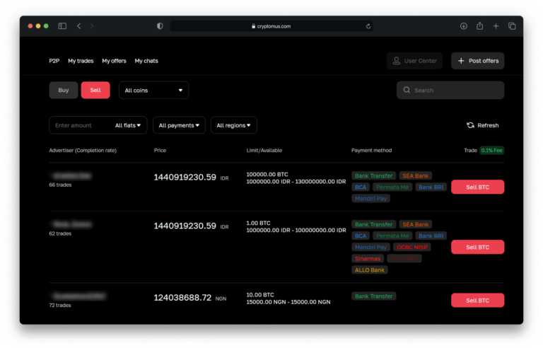Cryptomus P2P trading dashboard showing Bitcoin sell offers with pricing, limits, payment methods, and user trade history