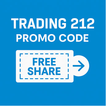 Trading 212 promo code graphic featuring a free share coupon icon on a blue background, highlighting referral rewards for new users in 2025.