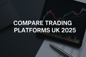 Professional featured image for Compare Trading Platforms UK 2025 showing a tablet with trading charts, financial data, and a laptop on a dark background.