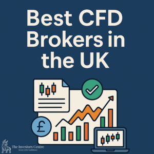 Illustration titled 'Best CFD Brokers in the UK' by The Investors Centre, featuring trading charts, candlestick patterns, pound symbol, and upward market trends on a dark blue background.