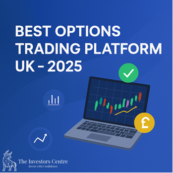 Best options trading platform UK 2025 graphic by The Investors Centre, featuring candlestick chart on laptop, trading icons, and pound currency symbol.