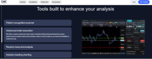 CMC Markets trading tools interface showcasing advanced order execution, pattern recognition scanner, and live charting with real-time UK 100 market data